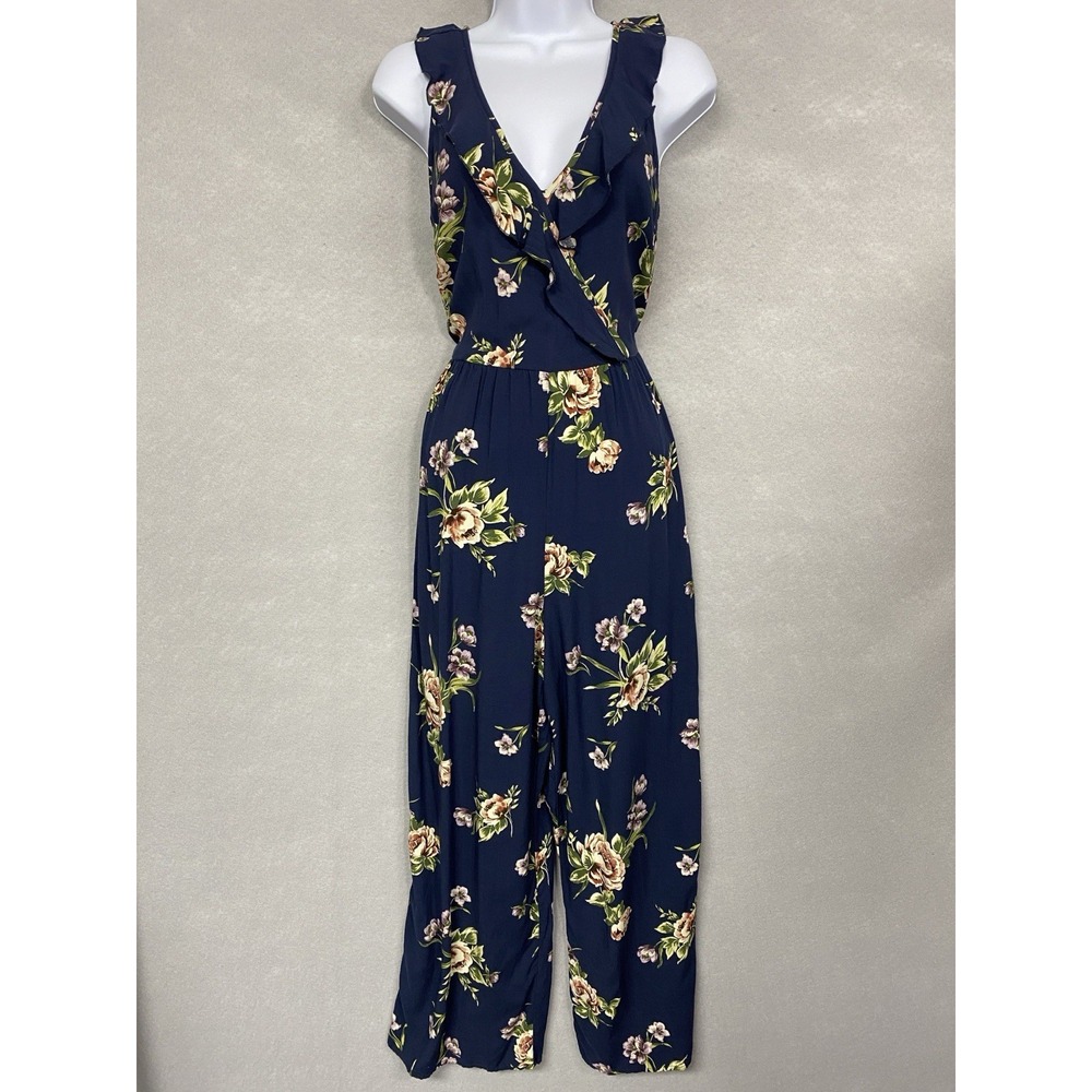 Xhilaration Womens S Jumpsuit Navy Floral Boho Flutter V Neck Romper